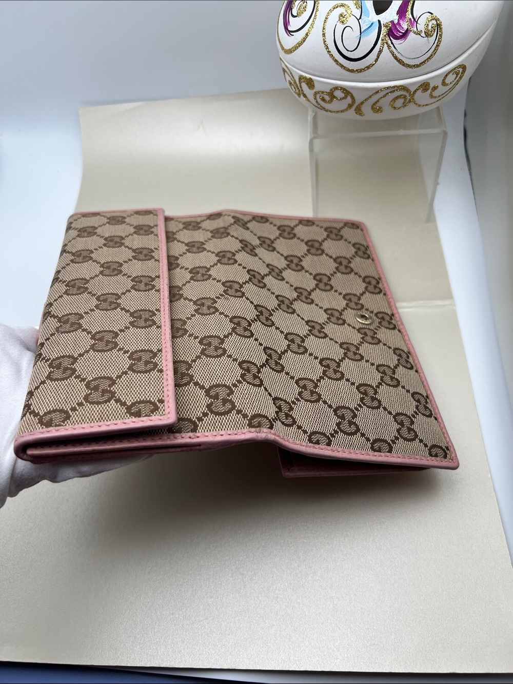 Gucci Beige GG Canvas Continental Long Wallet with Pink Leather Trim Bifold GC - Picture 17 of 17